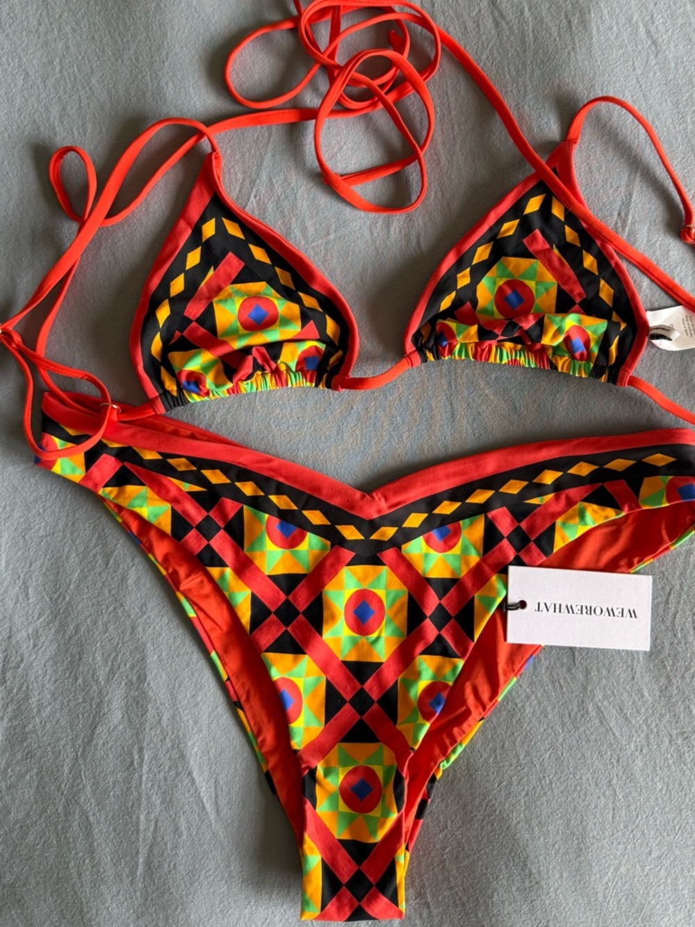 WeWoreWhat Bikini Set Geometric Print Red Triangle Top & Bottom NWT/NWOT Size L